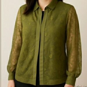 Kate And Mallory Olive Green Lace Blouse Long-Sleeve Zippered Pleated 1X